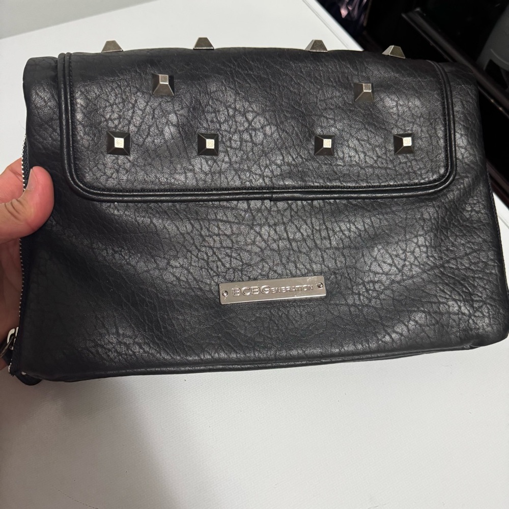 BCBG Black Leather Studded Clutch